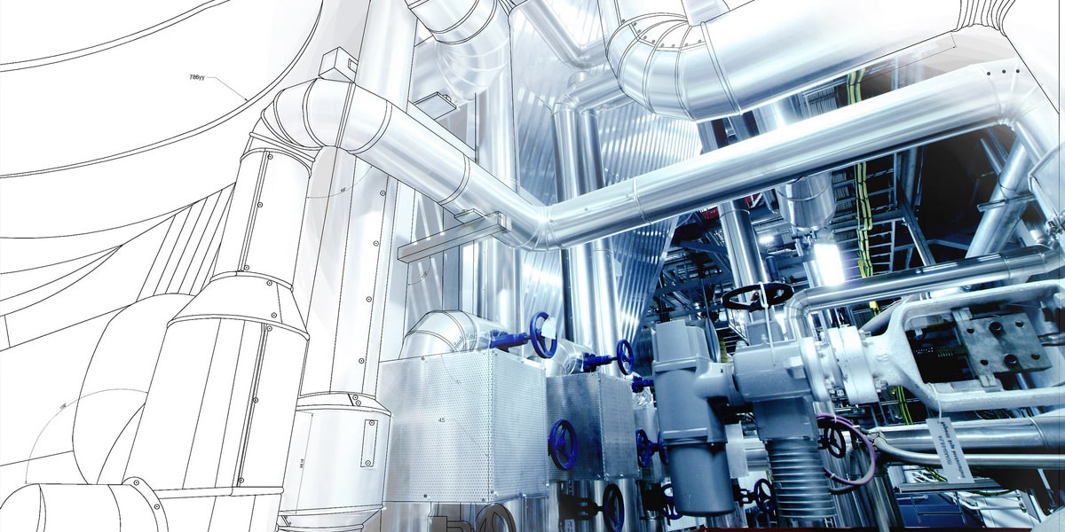 LEV Ducts in a plant space laid out in a CAD environment in 3D merged with a photograph of the finished plant space